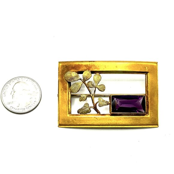 Transitional Art Deco Brass Brooch by George L Paine with Purple Glass Cabochon - Picture 2 of 9